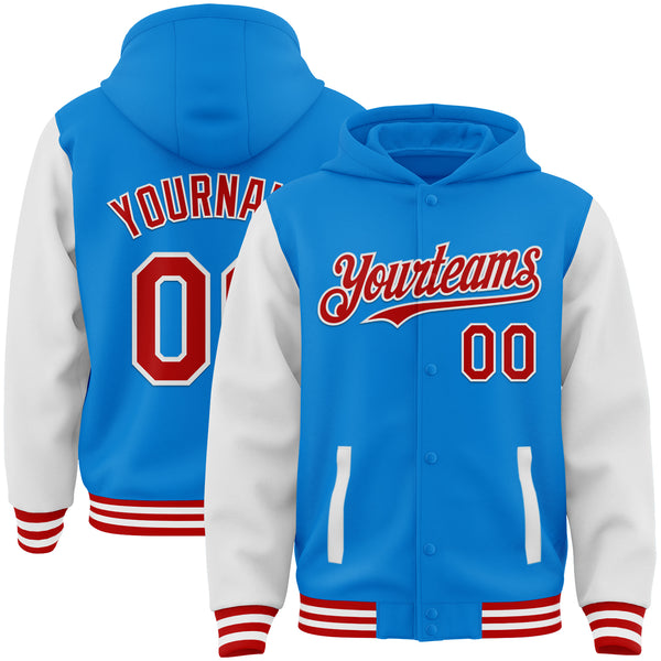 Custom Powder Blue Red-White Bomber Full-Snap Varsity Letterman Two Tone Hoodie Jacket