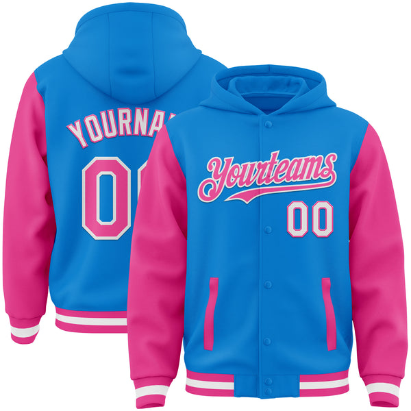 Custom Powder Blue Pink-White Bomber Full-Snap Varsity Letterman Two Tone Hoodie Jacket