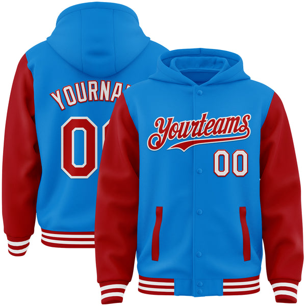 Custom Powder Blue Red-White Bomber Full-Snap Varsity Letterman Two Tone Hoodie Jacket