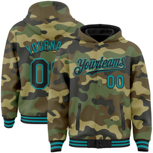 Custom Camo Black-Teal Bomber Full-Snap Varsity Letterman Salute To Service Hoodie Jacket