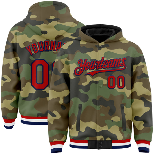 Custom Camo Red-Navy Bomber Full-Snap Varsity Letterman Salute To Service Hoodie Jacket