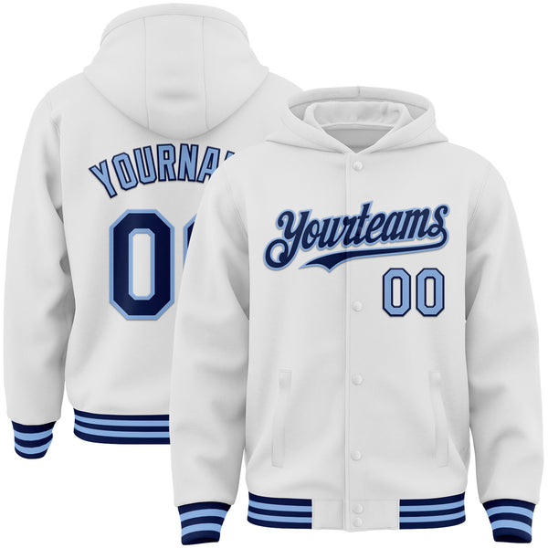 Custom White Navy-Light Blue Bomber Full-Snap Varsity Letterman Hoodie Jacket