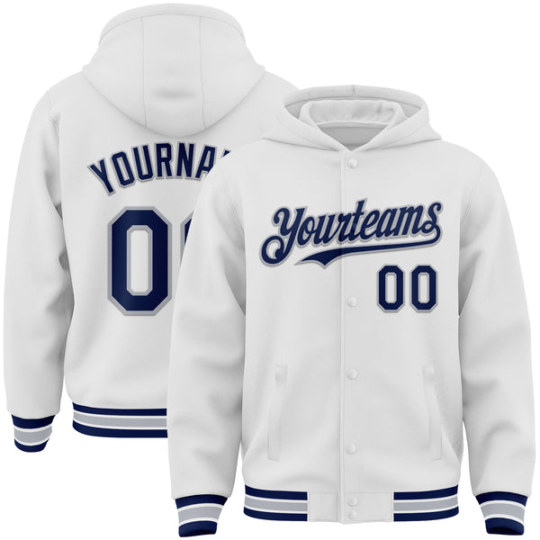 Custom White Navy-Gray Bomber Full-Snap Varsity Letterman Hoodie Jacket