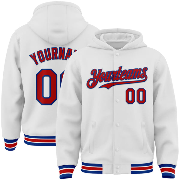 Custom White Red-Royal Bomber Full-Snap Varsity Letterman Hoodie Jacket