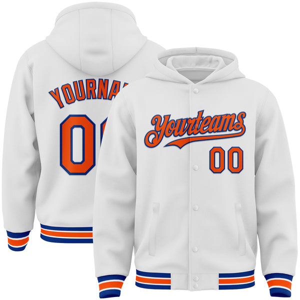 Custom White Orange-Royal Bomber Full-Snap Varsity Letterman Hoodie Jacket