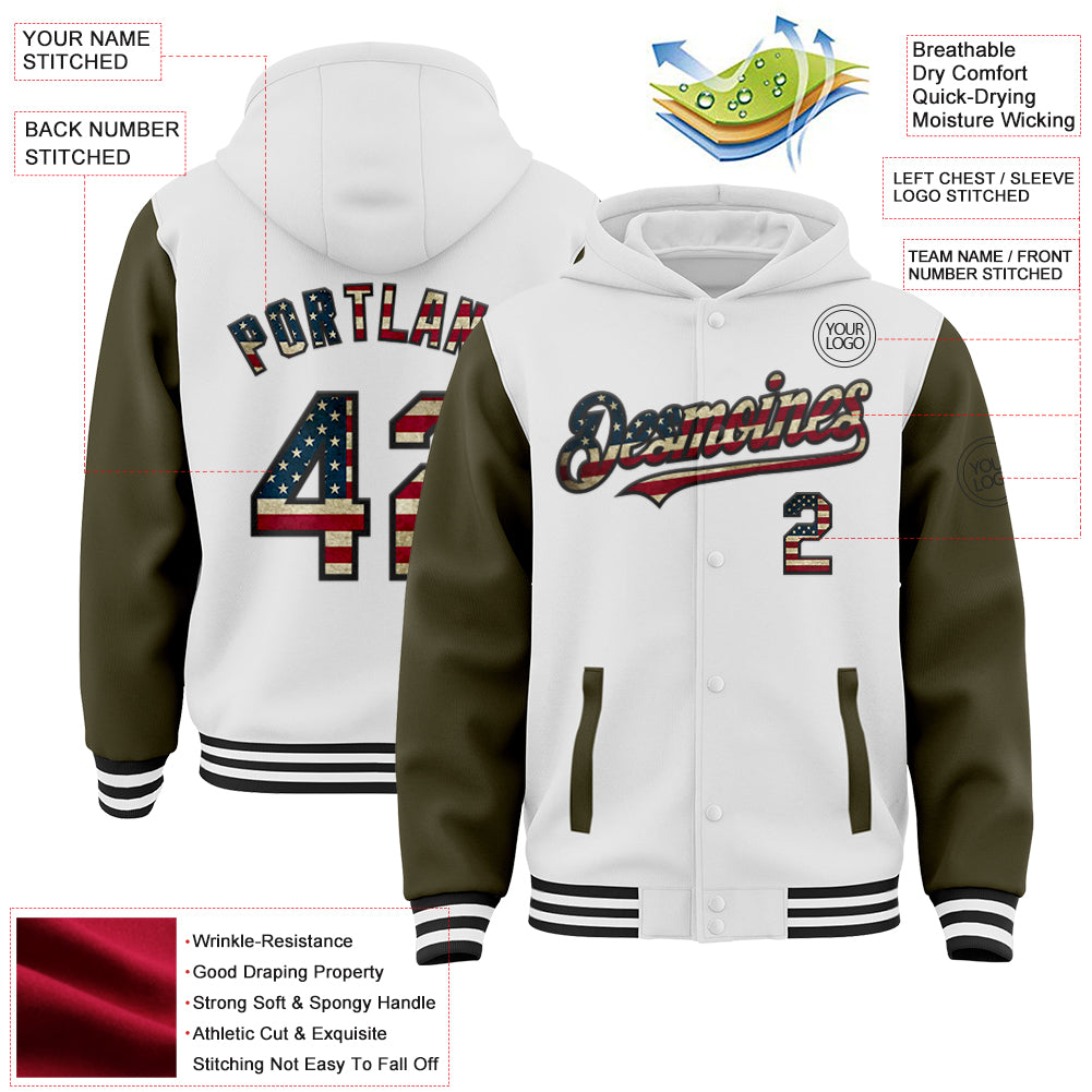 Custom White Vintage USA Flag Olive-Black Bomber Full-Snap Varsity Letterman Two Tone Hoodie Jacket