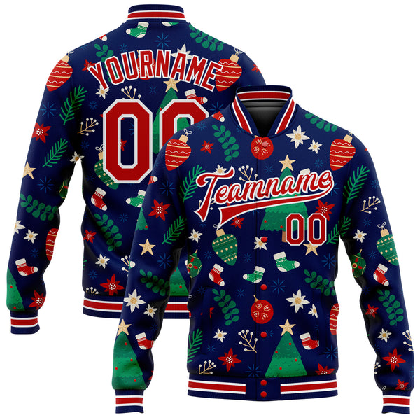 Custom Navy Red-White Christmas 3D Bomber Full-Snap Varsity Letterman Jacket