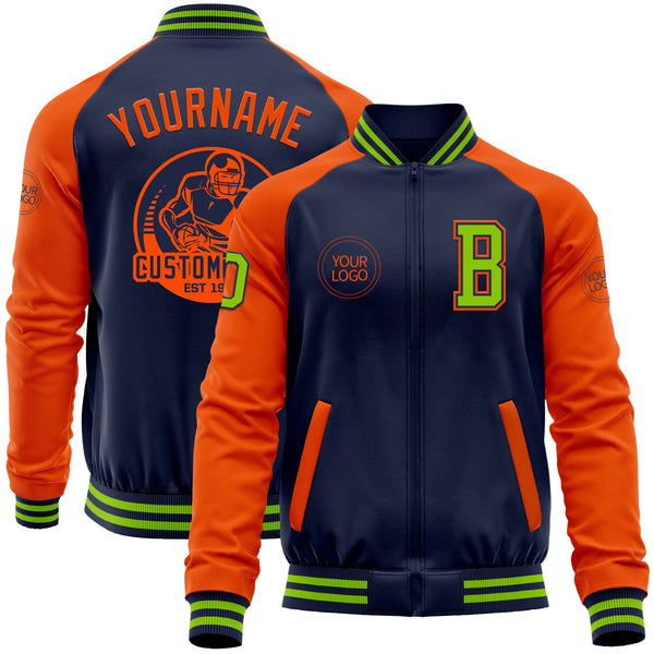 Custom Navy Orange-Neon Green Bomber Varsity Letterman Two Tone Zipper Jacket