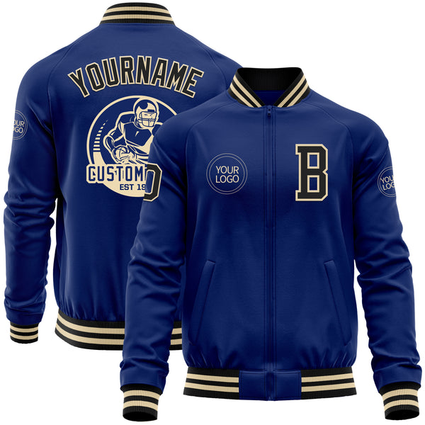 Custom Royal Black-Cream Bomber Varsity Letterman Zipper Jacket