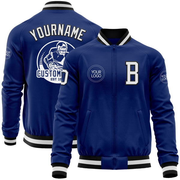 Custom Royal White-Black Bomber Varsity Letterman Zipper Jacket