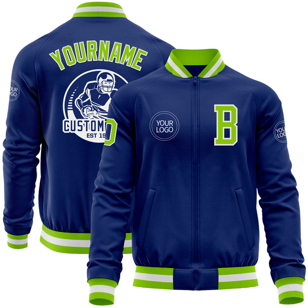 Custom Royal Neon Green-White Bomber Varsity Letterman Zipper Jacket