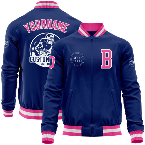 Custom Royal Pink-White Bomber Varsity Letterman Zipper Jacket