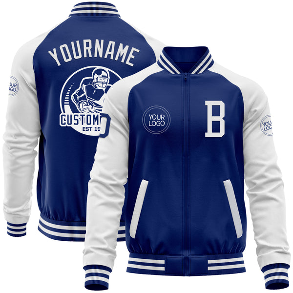 Custom Royal White Bomber Varsity Letterman Two Tone Zipper Jacket