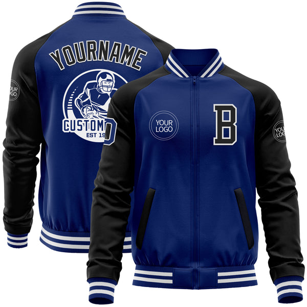 Custom Royal Black-White Bomber Varsity Letterman Two Tone Zipper Jacket