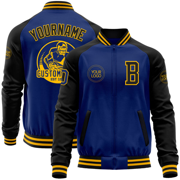 Custom Royal Black-Gold Bomber Varsity Letterman Two Tone Zipper Jacket