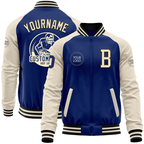 Custom Royal Cream-Black Bomber Varsity Letterman Two Tone Zipper Jacket