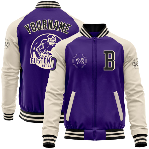 Custom Purple Black-Cream Bomber Varsity Letterman Two Tone Zipper Jacket