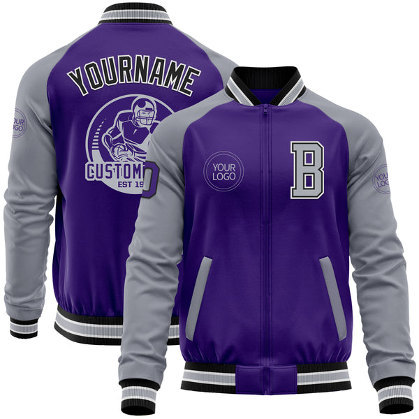 Custom Purple Gray-Black Bomber Varsity Letterman Two Tone Zipper Jacket