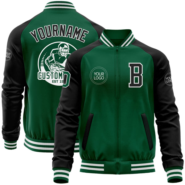 Custom Kelly Green Black-White Bomber Varsity Letterman Two Tone Zipper Jacket