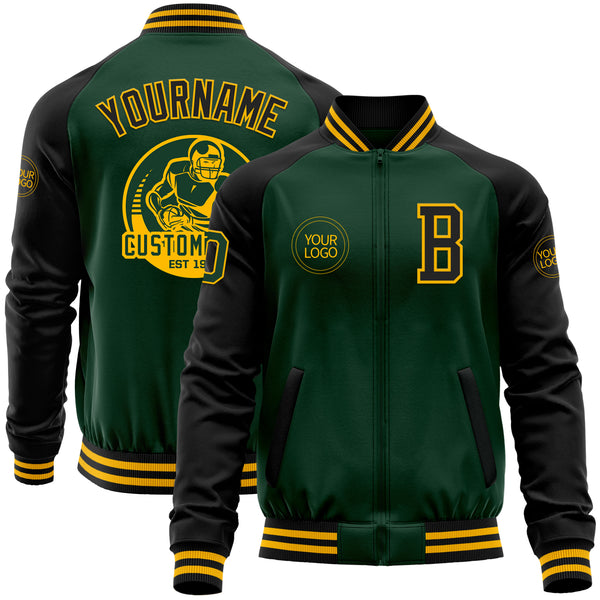 Custom Green Black-Gold Bomber Varsity Letterman Two Tone Zipper Jacket