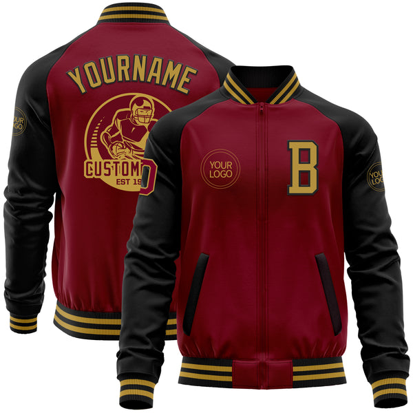 Custom Crimson Old Gold-Black Bomber Varsity Letterman Two Tone Zipper Jacket