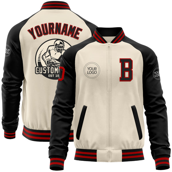 Custom Cream Red-Black Bomber Varsity Letterman Two Tone Zipper Jacket