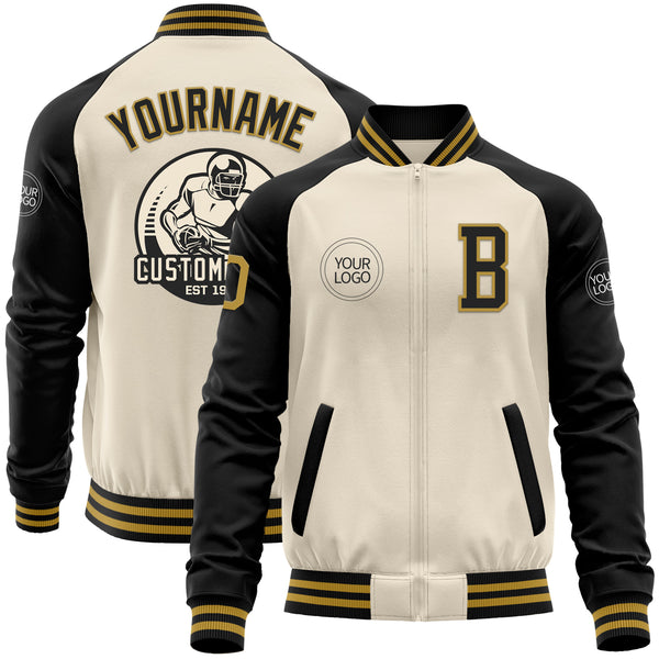 Custom Cream Old Gold-Black Bomber Varsity Letterman Two Tone Zipper Jacket