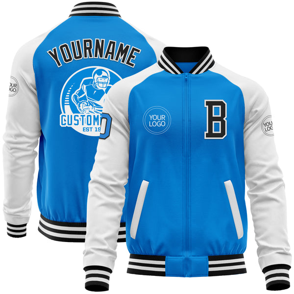 Custom Powder Blue Black-White Bomber Varsity Letterman Two Tone Zipper Jacket