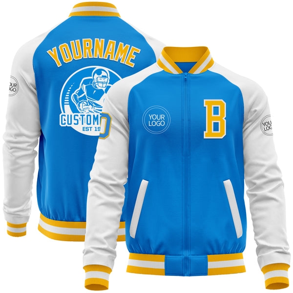 Custom Powder Blue Gold-White Bomber Varsity Letterman Two Tone Zipper Jacket