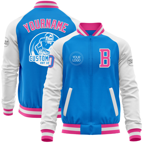 Custom Powder Blue Pink-White Bomber Varsity Letterman Two Tone Zipper Jacket