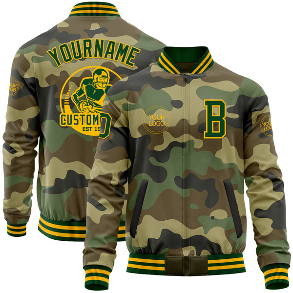 Custom Camo Green-Gold Bomber Varsity Letterman Salute To Service Zipper Jacket