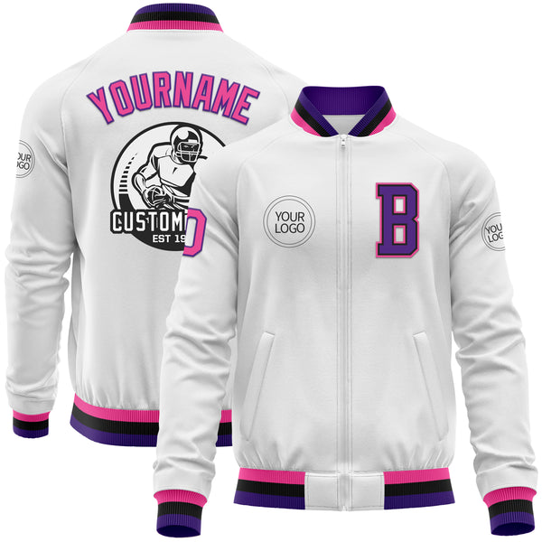 Custom White Pink Purple-Black Bomber Varsity Letterman Zipper Jacket