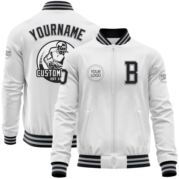 Custom White Black-Gray Bomber Varsity Letterman Zipper Jacket