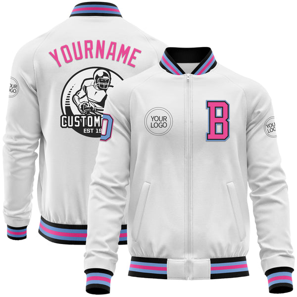 Custom White Light Blue Black-Pink Bomber Varsity Letterman Zipper Jacket