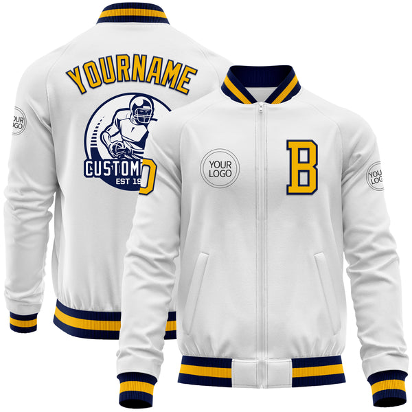 Custom White Gold-Navy Bomber Varsity Letterman Zipper Jacket