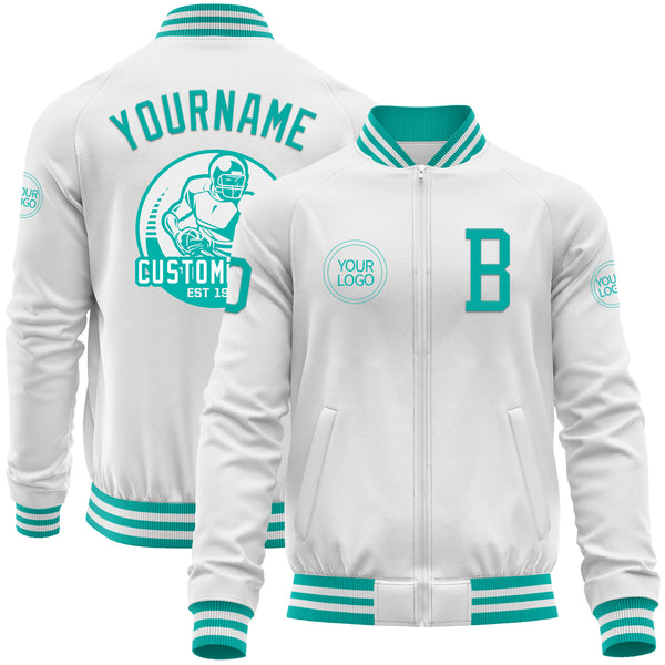 Custom White Aqua Bomber Varsity Letterman Zipper Jacket