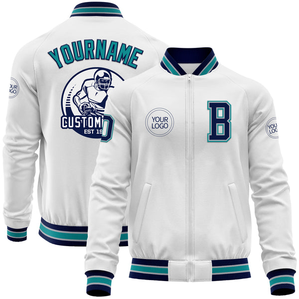 Custom White Navy Gray-Teal Bomber Varsity Letterman Zipper Jacket