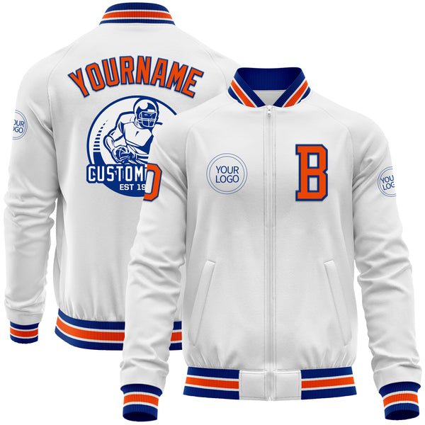 Custom White Orange-Royal Bomber Varsity Letterman Zipper Jacket