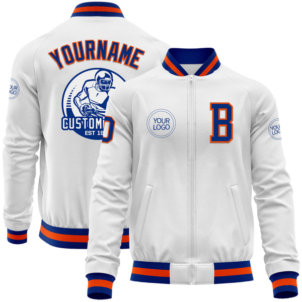 Custom White Royal-Orange Bomber Varsity Letterman Zipper Jacket