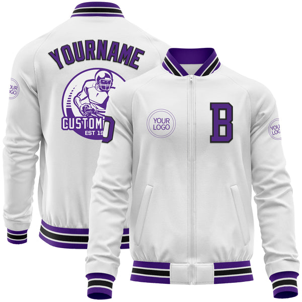 Custom White Purple-Black Bomber Varsity Letterman Zipper Jacket