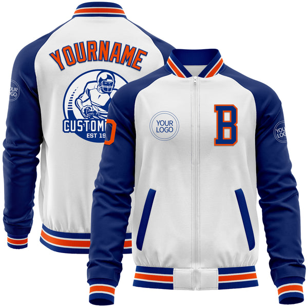 Custom White Orange-Royal Bomber Varsity Letterman Two Tone Zipper Jacket