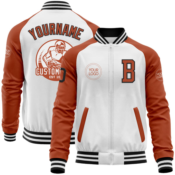 Custom White Black-Texas Orange Bomber Varsity Letterman Two Tone Zipper Jacket