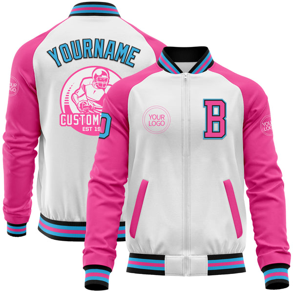 Custom White Sky Blue Black-Pink Bomber Varsity Letterman Two Tone Zipper Jacket