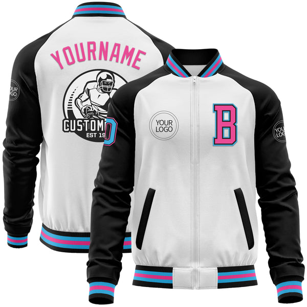 Custom White Sky Blue Black-Pink Bomber Varsity Letterman Two Tone Zipper Jacket