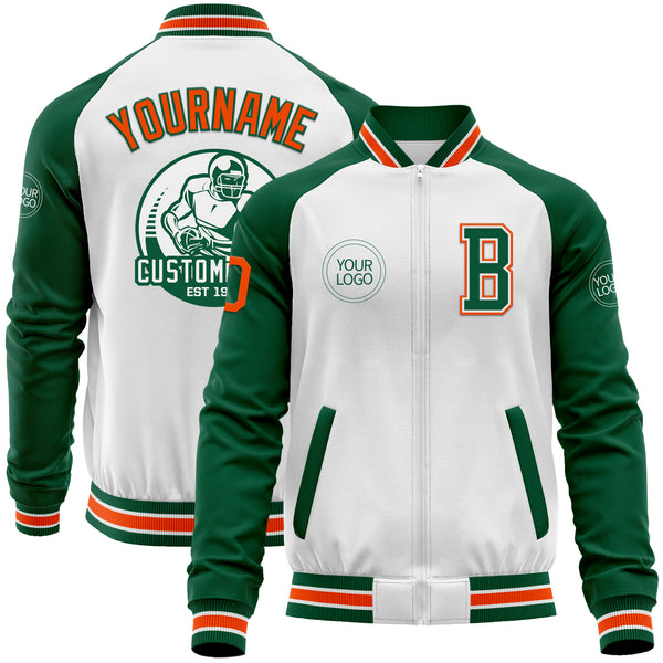 Custom White Orange-Kelly Green Bomber Varsity Letterman Two Tone Zipper Jacket