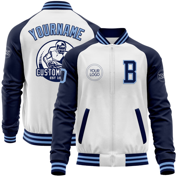 Custom White Light Blue-Navy Bomber Varsity Letterman Two Tone Zipper Jacket