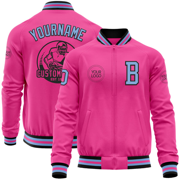 Custom Pink Light Blue-Black Bomber Varsity Letterman Zipper Jacket