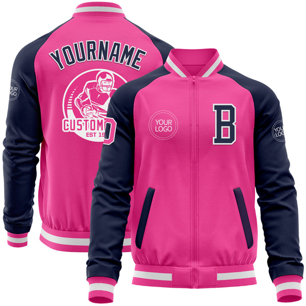 Custom Pink White-Navy Bomber Varsity Letterman Two Tone Zipper Jacket