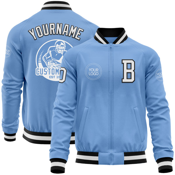 Custom Light Blue White-Black Bomber Varsity Letterman Zipper Jacket