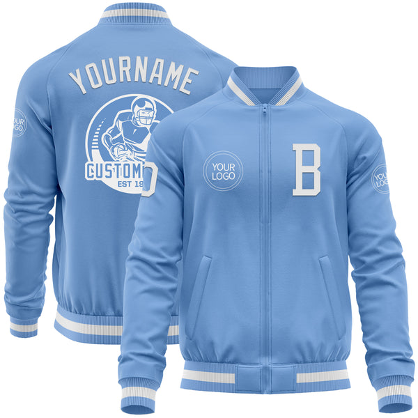 Custom Light Blue White Bomber Varsity Letterman Zipper Jacket